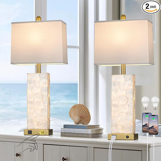 28" Coastal Table Lamps for Living Room Set of 2, Bedside Lamps with Night Light, USB A+C Ports, Modern Sea Shell Bedside Night Stands Light for Beachy Cottage Decor (Gold)