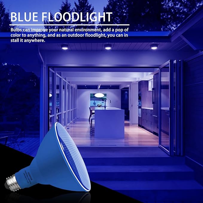 2 Pack PAR38 Blue Led Light Bulbs, Dimmable, 20W, E26 Base, Outdoor Indoor, Christmas Lighting, 1800 LM, Long Lifespan