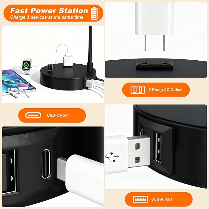 Tall Table Lamp for Bedroom Set of 2 with USB Port and Outlet, Dimmable Nightstand Bedside Lamps with Linen Lampshade, Desk Lamp for Bedroom, Living Room, Guest Room, Home Office, LED Bulb Included