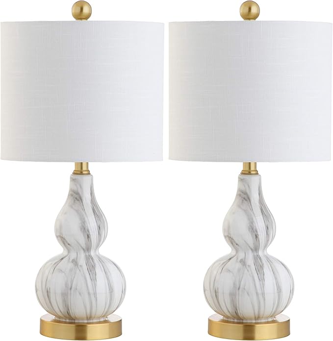 JONATHAN Y JYL1028D-SET2 20.5" Black and White Marbleized Glass Gourd Table Lamp Set of 2, Modern Glam Bedside Nightstand Lamps for Bedroom, Living Room, Office, End Table with White Linen Drum Shade