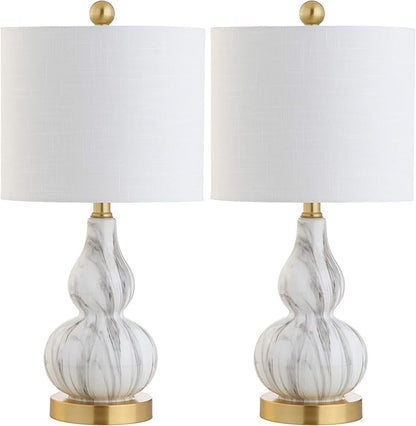 JONATHAN Y JYL1028D-SET2 20.5" Black and White Marbleized Glass Gourd Table Lamp Set of 2, Modern Glam Bedside Nightstand Lamps for Bedroom, Living Room, Office, End Table with White Linen Drum Shade
