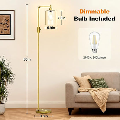 【Upgraded】Dimmable Floor Lamp for Living Room with Clear Glass Lampshade, Brass Modern Floor Lamp with 900LM Edison Bulb Included, Bright Standing Tall Lamp for Bedroom, Office, Reading Room, Corner