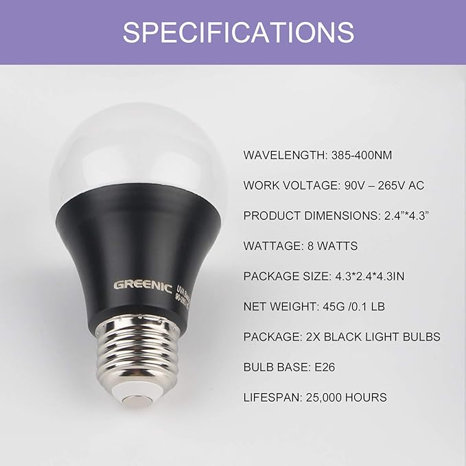 GREENIC UV Led Black Light Bulb 2 Pack, 8W (60W Equivalent) A19 E26 Blacklight Bulb UVA Level 385-400nm, Glow in Dark for Body Paint Club Party Neon Posters