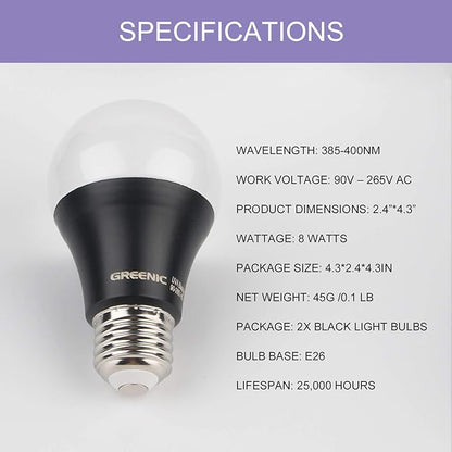 GREENIC UV Led Black Light Bulb 2 Pack, 8W (60W Equivalent) A19 E26 Blacklight Bulb UVA Level 385-400nm, Glow in Dark for Body Paint Club Party Neon Posters