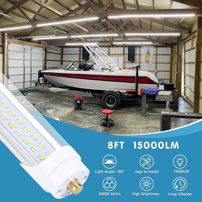 (12-Pack),T8/T10/T12 8FT LED Tube Light, Single Pin FA8 Base, 100W 6000LM 15000K Cold White, 180 Degree Flat Shaped LED Fluorescent Bulb (250W Equiv.), Clear Cover, Dual-Ended Power