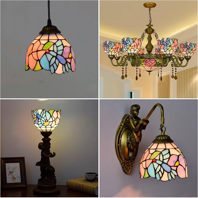 Tiffany Lamp Shades, 6 Inch Birds Flowers Stained Glass Lamp Shade Replacement Home Decor Lampshades Accessories Fit for Pendant Light Ceiling lights Wall lamp