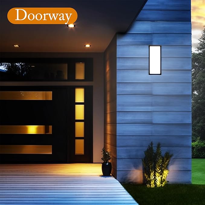 Modern Black Outdoor Wall Light Fixtures, 18/20/22W Porch Lights, IP65 Waterproof, 3-Color Temp Adjustable, Dawn to Dusk Exterior Sconces for House, Front Door, Rectangular Wall Mount