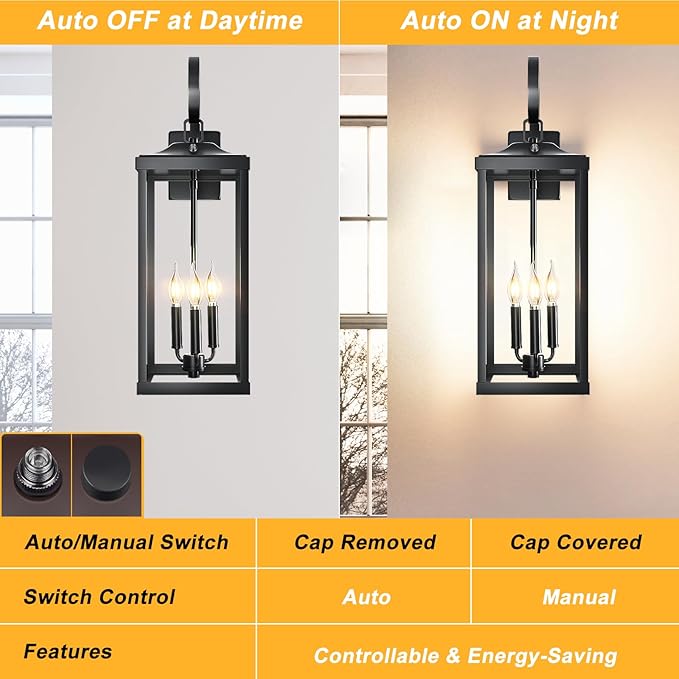 2 Packs 24" Extra Large Dusk to Dawn Light Fixture 3-Light, Black Outdoor Porch Lantern Wall Mounted, Waterproof Modern Outside Wall Sconce Coach Lamp for House, E12