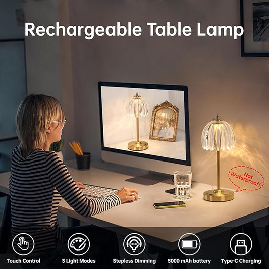 Set of 2 Tulip Table Lamp with 5000mAh Battery & Touch Control, Cordless Small Table Lamp with 3 Colors, Dimmable Rechargeable Table Lamps for Bedroom, Desk, Bedside (Transparent Tulip)