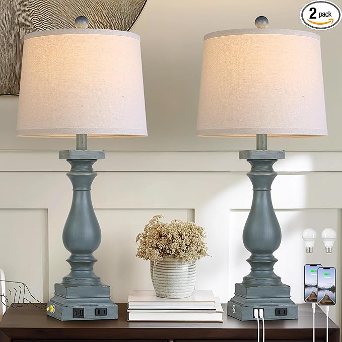28" Tall Farmhouse Table Lamps Set of 2 with USB C+A Ports and AC Outlet, 3 Way Touch Control Rustic Bedside Lamp for Bedroom, Blue Vintage Nightstand Lamp for Living Room Office