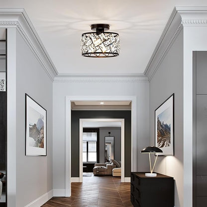 Crystal Ceiling Light Fixture, Modern Semi Flush Mount Ceiling Light,Crystal Chandelier for Kitchen Bedroom Bathroom Entryway, Black Finish