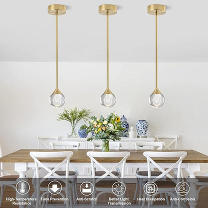 1-Light Teardrop Crystal Pendant Light, Dimmable Mini LED Crystal Hanging Light Fixtures, Gold Brushed Brass Finish Modern Ceiling Pendant Lighting for Kitchen Island Dining Room Bedroom Bar