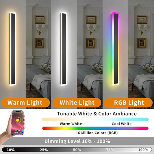 2 Pack Outdoor RGB Long Wall Lights, 31.4inch Wall Lights RGB/Warm/White Dimmable Modern Led Wall Lighting, Ip65 Waterproof Wall Sconce with Remote APP Control for Outdoor/Indoor Party Gathering