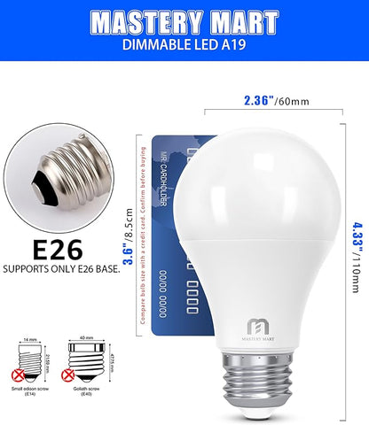 MASTERY MART 60 Pack A19 LED Light Bulbs 60W Equivalent, 9.5W Dimmable, Flicker-Free, 800 Lumens, 5000K Bright Daylight White, E26 Base, 10000 hours, Energy Saver Bright for Home, Bedroom, Living Room