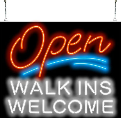 Open Walk Ins Welcome Neon Sign - Large 30" Wide x 24" high - Real, Quality Hand Bent Neon - Bright Red & White Letters with Blue Underlines