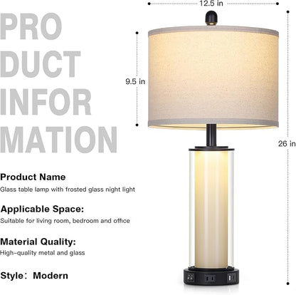 Black Glass Table Lamps Set of 2, 26" Living Room Lamp with Built-in Frosted Glass Night Light, Modern Bedroom Lamp with USB C+A Ports & AC Outlet, Bedside Lamps for Nightstand (4 Bulbs Included)