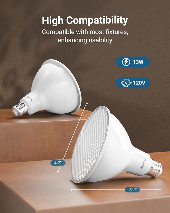 Sunco 6 Pack Outdoor Flood Light Bulb LED PAR38, Exterior Spotlight Bulbs, Weatherproof, 1050 LM, 13W (100W Equivalent), 4000K Cool White, Wet Rated, Dimmable, E26 Base UL.