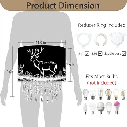 Deer & Forest Lamp Shade Acrylic Bead Droplets, Black Drum Fabric Light Shade for Ceiling Pendant Table & Floor Lamps, Decor & Gift for Wild Animal Nature Lover, 11.8in