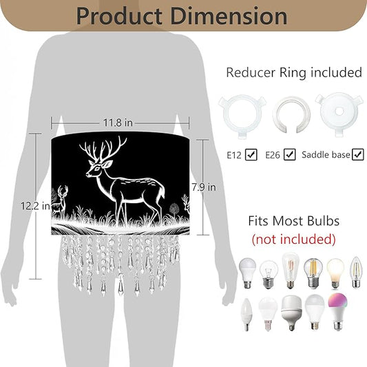 Deer & Forest Lamp Shade Acrylic Bead Droplets, Black Drum Fabric Light Shade for Ceiling Pendant Table & Floor Lamps, Decor & Gift for Wild Animal Nature Lover, 11.8in