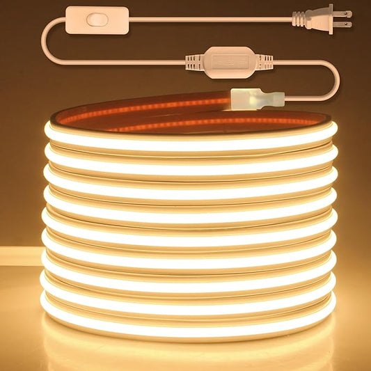 Aclorol AC 110V COB LED Strip Lights Warm White for Bedroom 16.4ft 3000K 120V Plug in LED Rope Lights Outdoor Waterproof IP68 Flexible High Density COB LED Tape Lights for Patio Garden Decor 288led/M