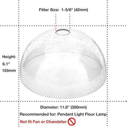 Bowl Glass Lamp Shade Replacement, 1-5/8 inch Fitter, 11.8" Diameter, 6.1" Height, Clear Seeded Bubble Effect Globe Cover