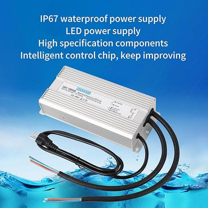 LED Driver 24V1000W Waterproof Power Supply AC95-132V to DC24V41.6A Low Voltage DC Transformer IP67 with 3-pin US Plug Suitable for Indoor and Outdoor LED Lighting and Any 24V DC Devices