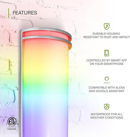 ASD 24 Inch Smart RGBW LED Outdoor & Indoor Wall Mount Light Fixture - Nickel RGB Wall Sconce Exterior Lighting - 120-277V 23W 2700-6500K Dimmable, Remote Control, Alexa - Front Door, Patio ETL