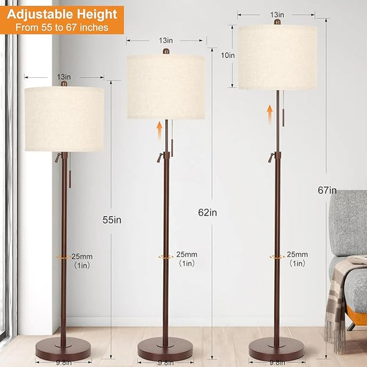 Metal Brown Floor Lamp for Living Room, Adjustable Height Standing Lamp, Pole Light for Bedroom, with Linen Shade and Metal Base, Pull Chain Switch, 3-Way 8W LED Bulb Included