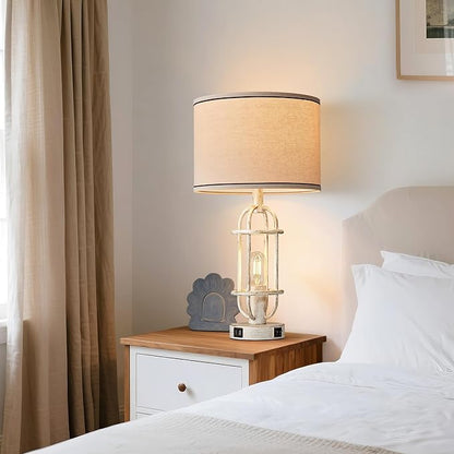 22.3" Farmhouse Table Lamps Set of 2, Vintage Lamps for Living Room End Tables, Bedroom Lamp for NightStand with USB C+A Ports, Antique White