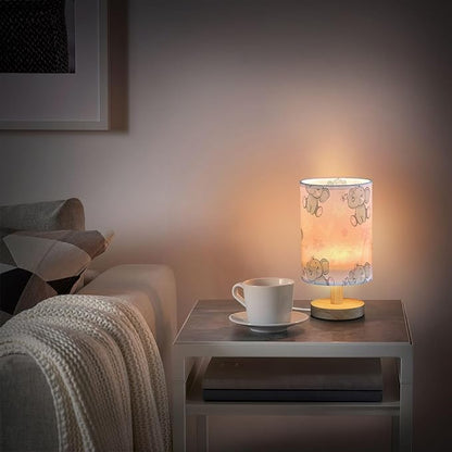 Bedside Lamp Cute Elephant Pink Flower Table Lamp for Bedroom LED Nightstand Lamp Shade USB Ports Wood Base for Living Room Dorm Office