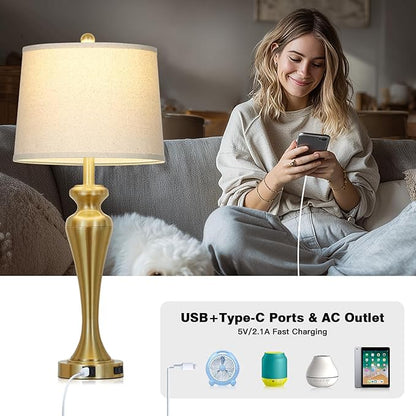 30" Gold Table Lamps Set of 2, 3-Way Dimmable Touch Lamps for Nightstand with USB A+C Ports and AC Outlet, Tall Bed Side Lamp for Living Room, Modern Brass Lamp for Bedroom Side End Table