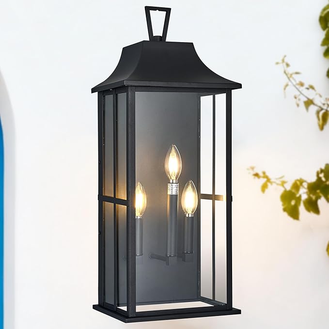 Patio Wall Light Fixture Outdoor Wall Lighting, 25" Large Outside Modern Wall Sconce Lantern, Industrial Porch Light Wall Mount, Waterproof Farmhouse Exterior Lamp 3-Light,Bulbs Not Included