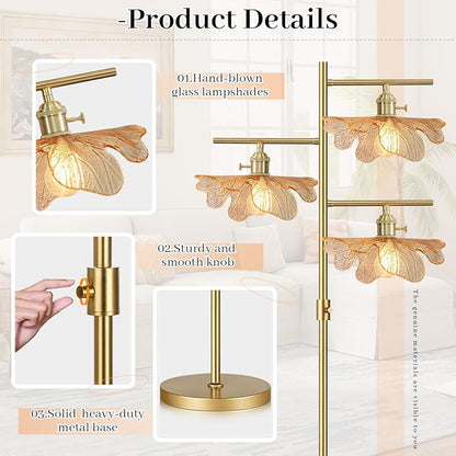 Gold Floor Lamps for Living Room Bedroom, Dimmable Tall Floor Lamp with Amber Glass Flower Shade, Mid Century Modern Standing Lamp for Office Corner Study