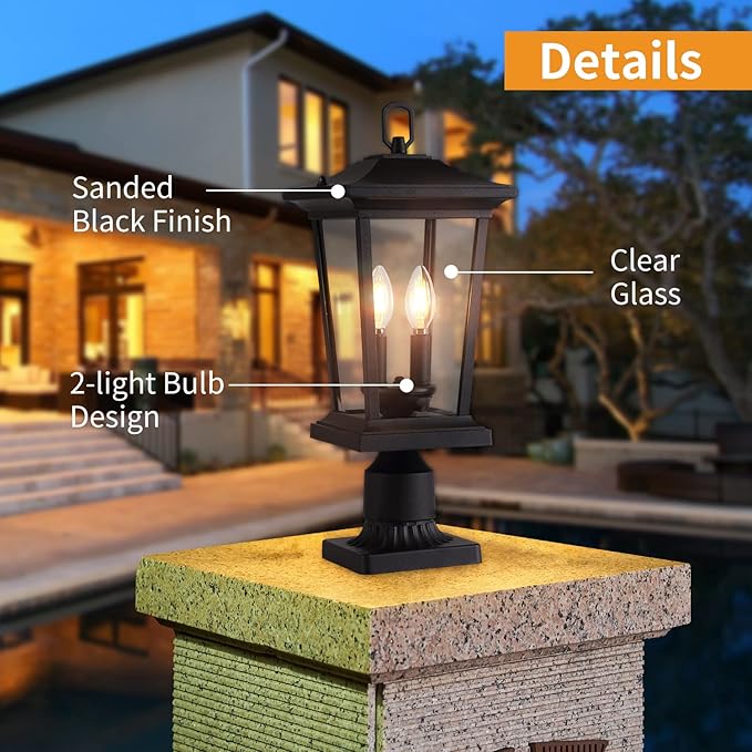 Outdoor Post Lights, Cast Aluminum Lamp Post Light Fixture, 2-Light Pole Mount Light with Clear Glass, Outdoor Pier Mount Light Matte Black Finish