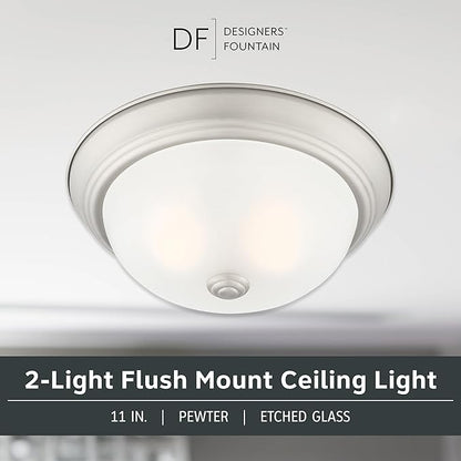 DESIGNERS FOUNTAIN Reedley 2-Lights Flush Mount Ceiling Light, 11 Inch Lighting Fixture for Kitchen, Bedroom, Bathroom, and Hallway, Pewter with Etched Glass, 1257S-PW-W