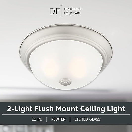 DESIGNERS FOUNTAIN Reedley 2-Lights Flush Mount Ceiling Light, 11 Inch Lighting Fixture for Kitchen, Bedroom, Bathroom, and Hallway, Pewter with Etched Glass, 1257S-PW-W