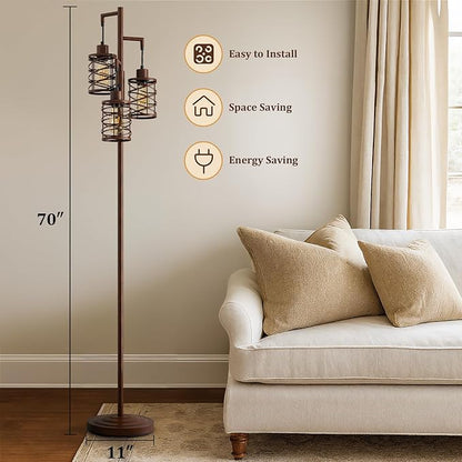 Oneach 70" Industrial Floor Lamp, Stepless Dimmable Standing Lamp with 3 Bulbs, Farmhouse Corner Standing Tree Lamp for Living Room, Tall Lamps for Bedroom, Office, Study Room, Dining Room, Walnut