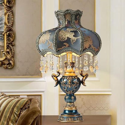 Victorian Style Table Lamp, Antique Flower Decorative Bedside Desk Lamp, Blue Fabric Night Light Elegant Bedside Nightstand Lamps for Bedroom Living Room