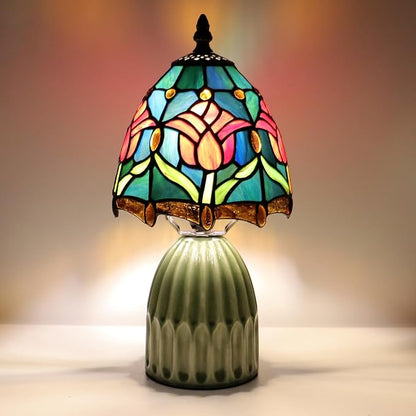 Tiffany Lamp Stained Glass Mushroom Table Lamps 6X6X12.5 Inch Blue Red Tulips Style Small Night Light Ceramic Base Mini Accent Desk Light Suitable for Bedside Table Bedroom Children Room