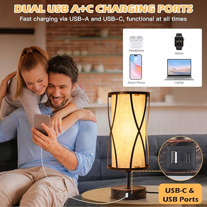 Distressed Table Lamps for Living Room, 3 Way Dimmable Touch Lamps, Small Bedside Lamps with LED Bulbs, USB Ports C+A, Nightstand Lamp for Kids Room, Bedroom, Office (1 Pack Iron)
