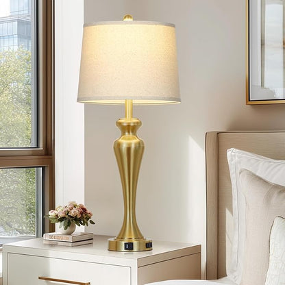30" Gold Table Lamps Set of 2, 3-Way Dimmable Touch Lamps for Nightstand with USB A+C Ports and AC Outlet, Tall Bed Side Lamp for Living Room, Modern Brass Lamp for Bedroom Side End Table