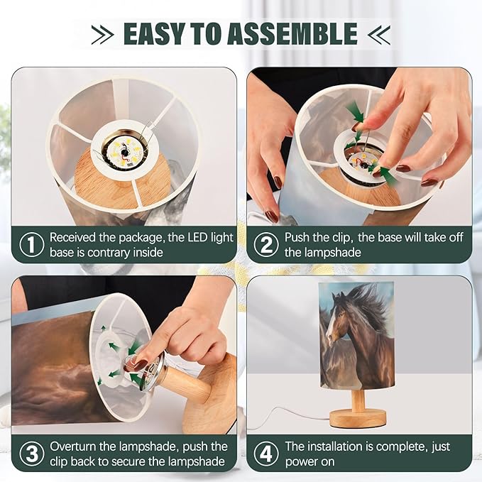 Bedside Lamp Horses Table Lamp for Bedroom LED Nightstand Lamp Shade USB Ports Wood Base for Living Room Dorm Office