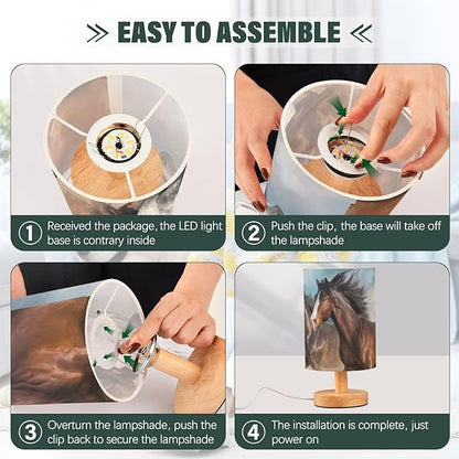 Bedside Lamp Horses Table Lamp for Bedroom LED Nightstand Lamp Shade USB Ports Wood Base for Living Room Dorm Office