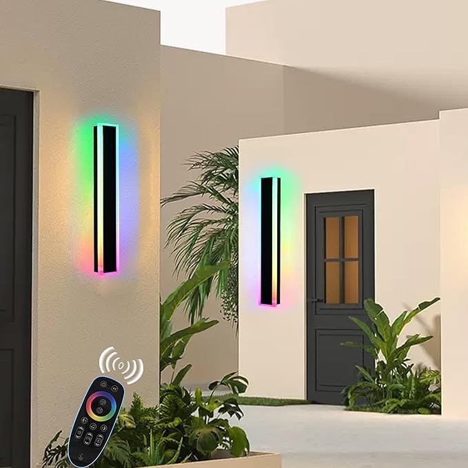 BONLICHT 1 Pack Long Outdoor RGB Wall Light Black Modern LED Exterior Wall Sconce 32In IP65 Waterproof Linear Exterior Wall Mount Lighting for House Porch Courtyard Garage (Remote Control Included)