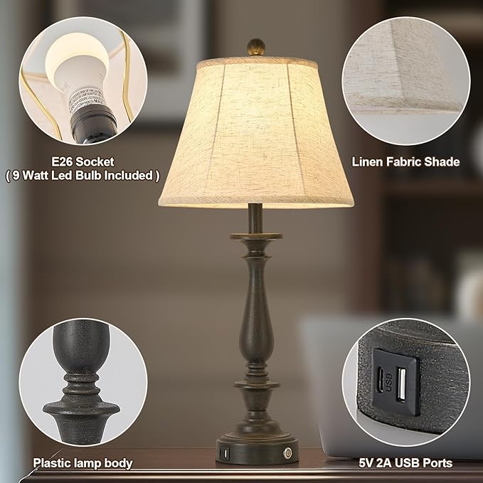 AIDENOEY 28.5" Traditional Table Lamp Set of 2, Rustic Farmhouse Table Lamps for Living Room Bedroom, Bedside Desk Lamps Vintage Nightstand Lamps with Silk Fabric Shades,Antique Rust Table Lamp