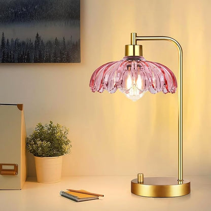 Pink Table Lamp Set of 2,Small Gold Bedside Lamps Dimmable Boho Bedroom Lamp with Flower Glass Lamp Shade,Vintage Mid Century Modern Mini Nightstand Lamp for Girls Kids Bedroom Living Room