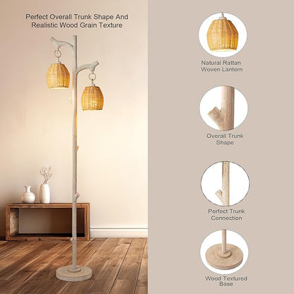 Scenekoy 68" High Farmhouse Rustic Country Cottage Floor Lamp Tree Trunk Faux Wood Column White Washed Wicker Drum Shade Decor for Living Room Bedroom Reading Room