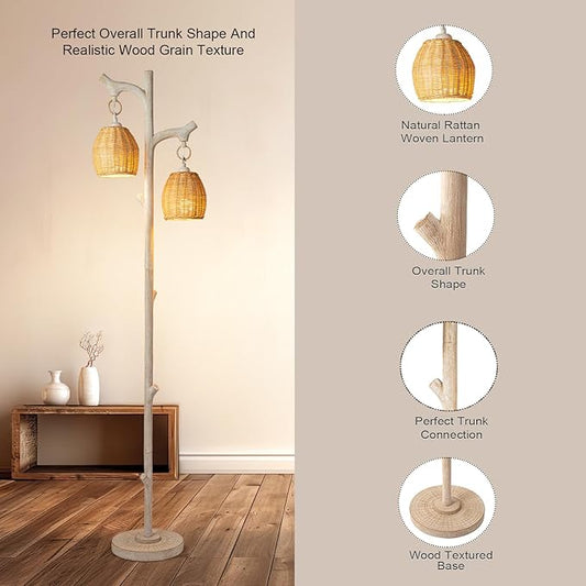 Scenekoy 68" High Farmhouse Rustic Country Cottage Floor Lamp Tree Trunk Faux Wood Column White Washed Wicker Drum Shade Decor for Living Room Bedroom Reading Room
