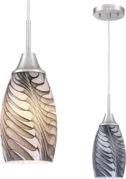 1-Pack Mini Glass Pendant Light 4.72" with Handblown Black Gray Marble Art Glass Hanging Light Oval Ceiling Hanging Light Fixture for Dining Room Kitchen Island Cafe Foyer Hallway