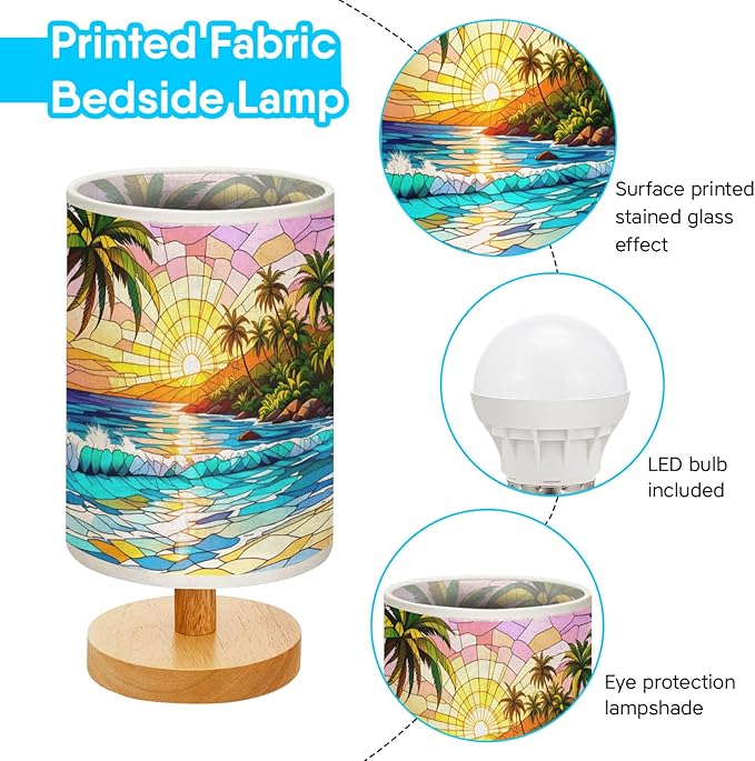 Tropical Island and Blue Ocean Table Lamp LED 3-Color Pressed Bedside, Tropical Island and Blue Ocean Shade Lamp with Wood Base for Bedroom Living Room Desk Office TL01